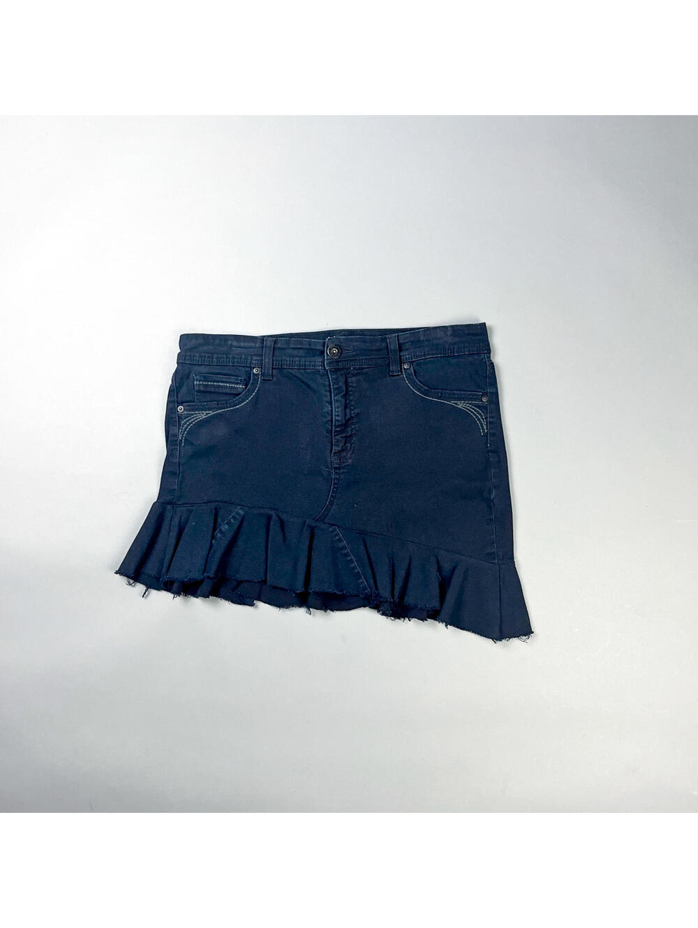 Asymmetric Ruffled Denim Mini Skirt with Raw Hem, Black Reworked Jeans